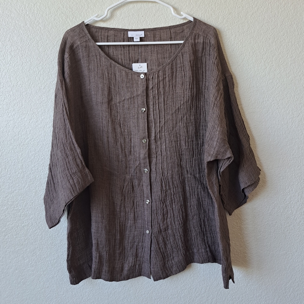 NWT Pure Jill 100% Linen Lagenlook Gauze Button Up Top Color Teak Size Large